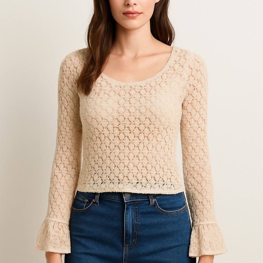 Free People Cream Crochet Lace Top XS – Flare Sleeve Boho Blouse